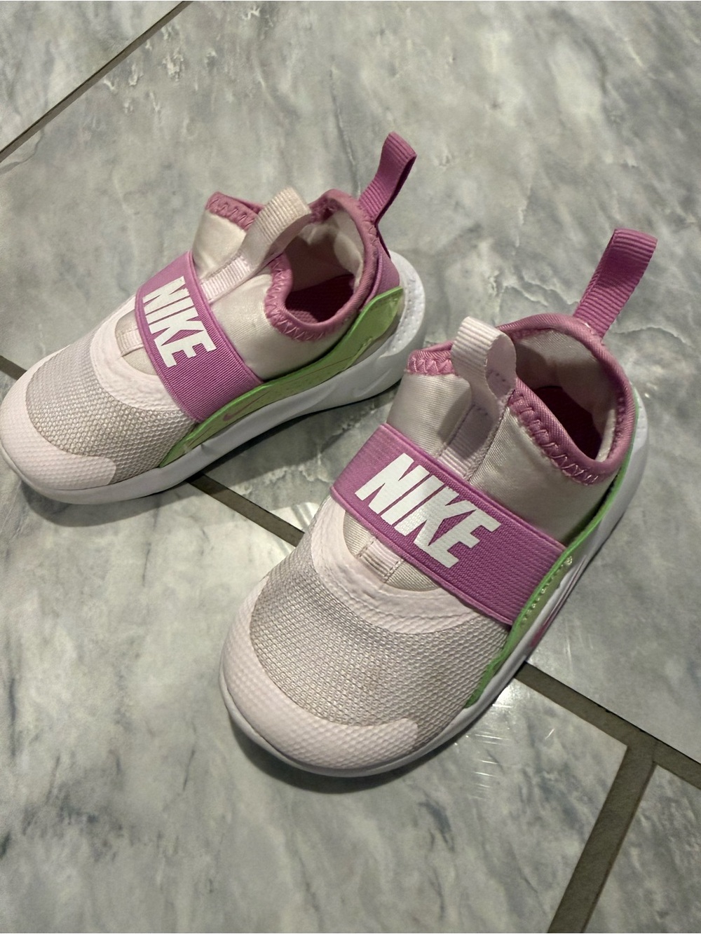 Nike Kids White Sneakers with Purple Strap & Green Accent